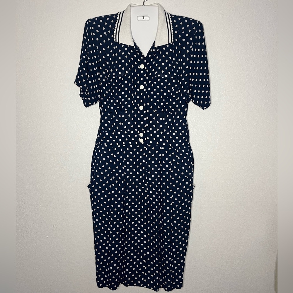 Vintage Leslie Fay Navy Polka Dot Midi Dress 👗✨